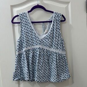 Lucky Brand Blue Printed Lace-Trim top